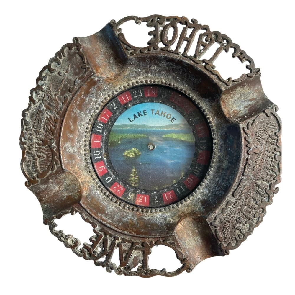 Vintage Lake Tahoe Roulette Game Metal Ashtray Scroll Edge Working Wheel 5"